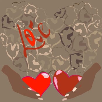 valentine card outlines of hearts and red hearts in the palms