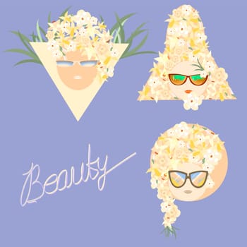 set of women s heads in hair flowers for advertising