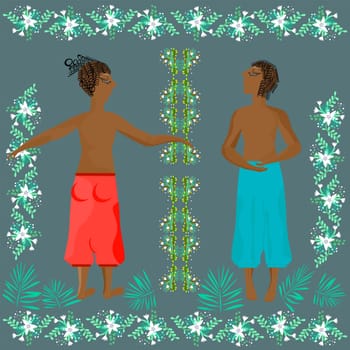 in a frame of flowers, two people in bloomers are standing opposite each other