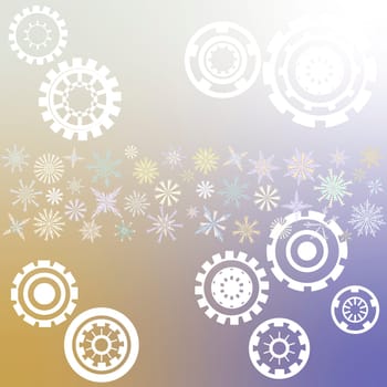 greeting card with white snowflakes of various shapes, similar to gears