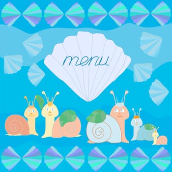 a postcard made of colorful snails, shells and green leaves for the design of the children's menu