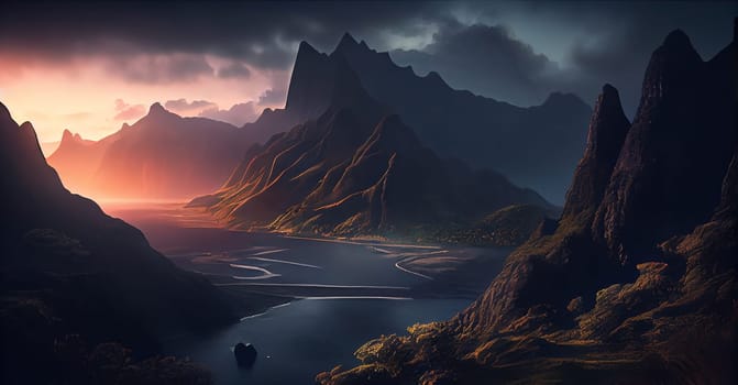 Beautiful landscape with high mountains and lagoon water with sunlight golden sunrise, nature, Generative AI