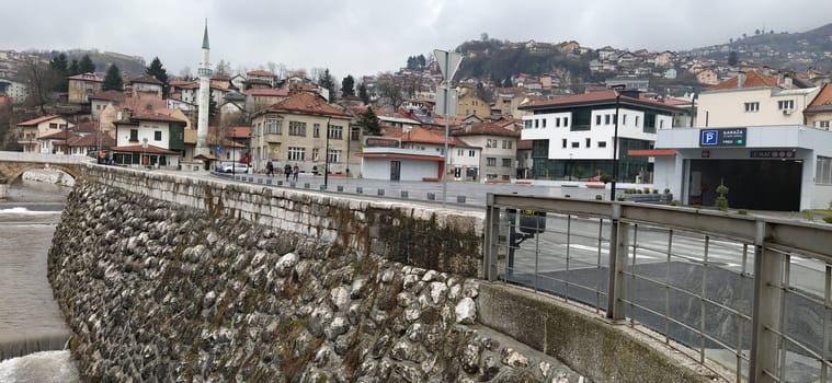 Sarajevo, Bosnia and Herzegovina, March 8, 2020, central streets of Sarajevo. Islamic landmarks and tourist sites. Tourist attractions of Sarajevo. Tourist business, travel and excursions. Balkans.
