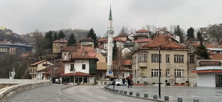 Sarajevo, Bosnia and Herzegovina, March 8, 2020, central streets of Sarajevo. Islamic landmarks and tourist sites. Tourist attractions of Sarajevo. Tourist business, travel and excursions. Balkans.