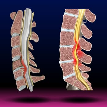 Spinal stenosis can put pressure on the spinal cord and the nerves within the spine. It commonly occurs in the neck and lower back. The condition is often caused by age-related wear and tear. Vector Illustration