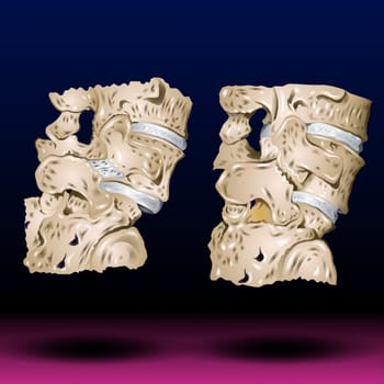 Spondylosis , Spondylolisthesis ( Film x-ray lumbo - sacral spine show spine collapse, decrease in disc space, bony spur formation ) ( side, lateral view ) and blank area Vector Illustration