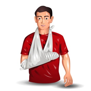 Portrait of young man with broken hand in gypsum isolated on white background