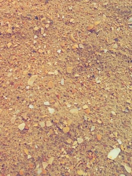 Sand with seashells background. Wet coarse quartz sand. Broken seashells. Beach after heavy rain. Silica. Crushed quartz sand, natural brown material after a storm. Dents from drops in the sand. Anapa.