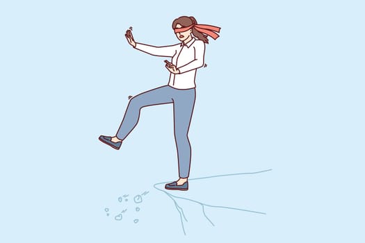 Blindfolded girl steps forward dont know about cliff and danger to fall down for risk business concept. Businesswoman who makes rash actions risks falling into abyss due to lack of plan and strategy