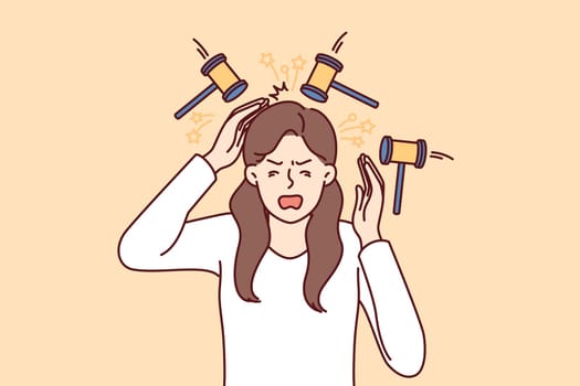 Upset woman experiencing headache standing among hammers symbolizing buzzing in ears or noise from neighbors. girl suffers from headache and needs medicines for migraine and other diseases