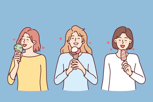 Girls eat ice cream to cool down during summer walk or satisfy their hunger with street food. Three women with cold ice cream enjoy sweet taste of popsicles on stick or in waffle cone