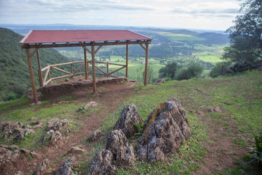 Alor Mountains panoramic viewpoint. Focus on rock. Badajoz, Extremadura, Spain