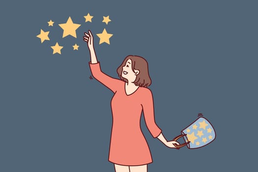 Happy woman collects stars from sky and folds bag for metaphor for finding success and good luck in life. Dreamy girl reaches for stars in hope of getting closer to fulfillment of innermost desires