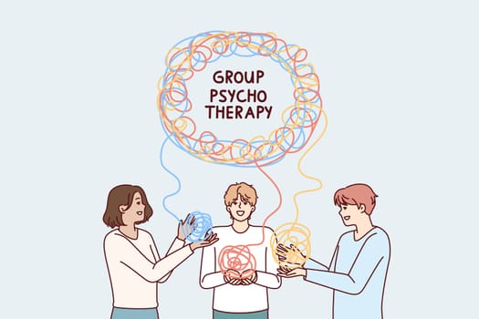 Men in group psychotherapy session trying to solve mental problems at psychiatrist appointment. People at psychotherapist consultation use group techniques for mental health treatment