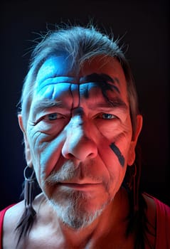 Serious Portrait of an Old Native American Warrior Chief with Tribal Panther Make-up,Generative AI