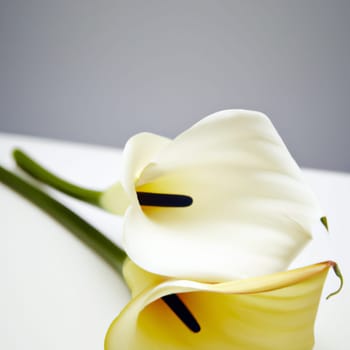 Lovely tender white callas with green leaves. Greeting card or label for product with calla lily scent. Zantedeschia, calla. Pistil-cob.