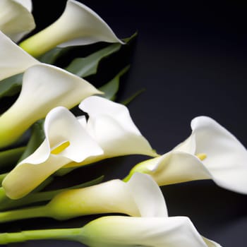 Lovely tender white callas with green leaves. Greeting card or label for product with calla lily scent. Zantedeschia, calla. Pistil-cob.