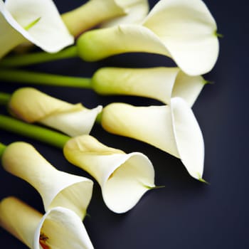 Lovely tender white callas with green leaves. Greeting card or label for product with calla lily scent. Zantedeschia, calla. Pistil-cob.