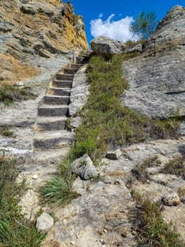 Stone stairs in tourist trail. Isalo National Park in Ihorombe Region. Wilderness landscape. Beautiful Madagascar natural landscape.