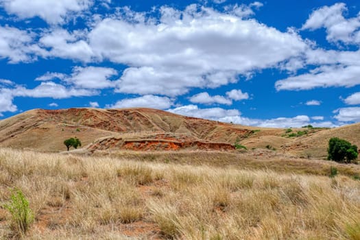 Devastated central Madagascar landscape, Mahajanga Province. Highland deforested countryside. Deforestation creates agricultural pastoral land but also result ecology problem with soil and water.