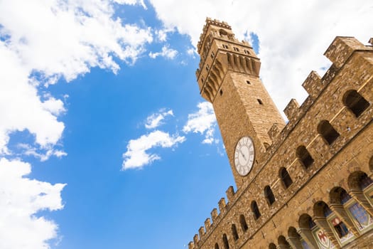 Florence, Italy. The Old Palace tower - named Palazzo Vecchio - with blue sky. Copy space, nobody.