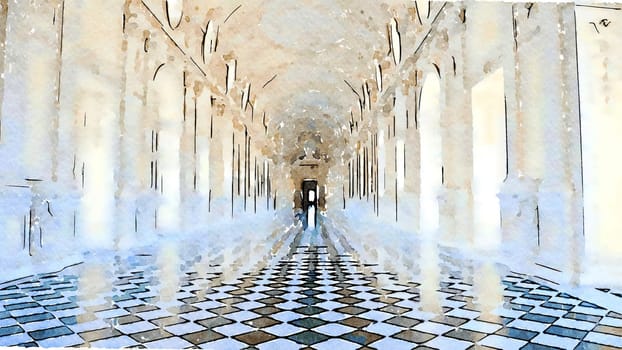 Creative illustration of Reggia di Venaria Reale gallery - Italy. Luxury marbles in baroque Royal Palace