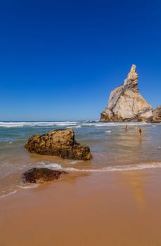 Sintra, Portugal: 22 October 2022 - Praia da Ursa (Ursa Beach) with people, in Sintra near Lisbon in Portugal.
