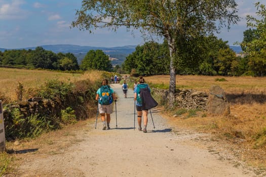 Navarre, Spain, 26 August, 2022: Pilgrims walk along the Camino De Santiago, the Way of St. James pilgrimage route, Navarra, Spain.