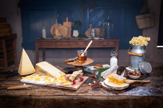 July 12 2022, Lyon, France : Tasted famous swiss cheese : Le Gruyère d'Alpage with milk and honey for lunch and food experience
