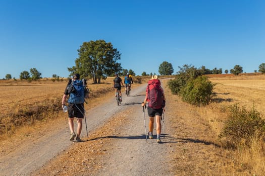 Navarre, Spain, 26 August, 2022: Pilgrims walk along the Camino De Santiago, the Way of St. James pilgrimage route, Navarra, Spain.