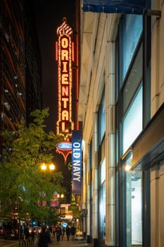 Chicago, USA - October 13, 2018 : Iconic sign on the Chicago Theater in Chicago. The theater opened in 1921 and was renovated in the 1980's. This sign is a famous landmark and emblematic of Chicago. - Image