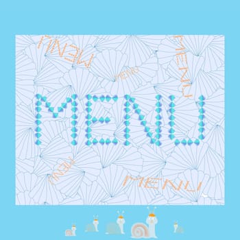 a postcard made of colorful snails, shells and starfish for the design of the children s menu
