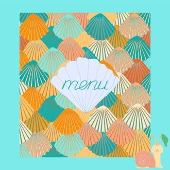 a postcard made of colorful snails, shells and starfish for the design of the children s menu