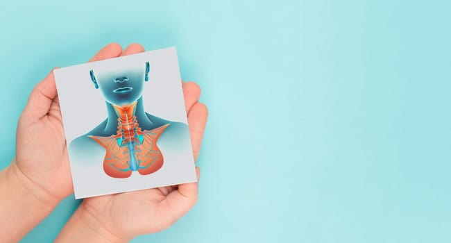 Holding thyroid organ in the hands, hyperthyroidism and hypothyroidism, health issues, cancer, hashimoto disease, thyroid generative AI