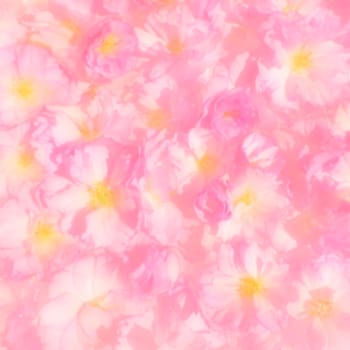 Pink flowers cherry sakura background. Flower wall illustration. Soft selective focus. Holiday postcard. Pink petals and yellow stamens. Beautiful background. Blurry art. Spring cherry blossom.