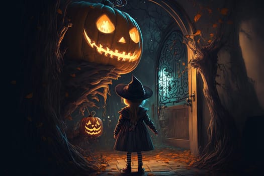 Halloween theme. Little witch looking at big pumpkin created with Generative AI technology.