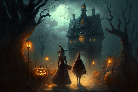 Halloween theme. Two witches going to spooky house created with Generative AI technology.