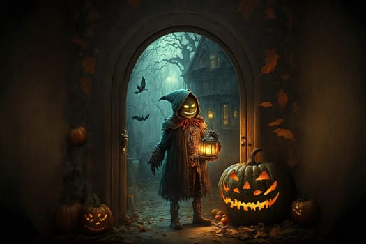 Halloween theme. Ghost and pumpkin created with Generative AI technology.