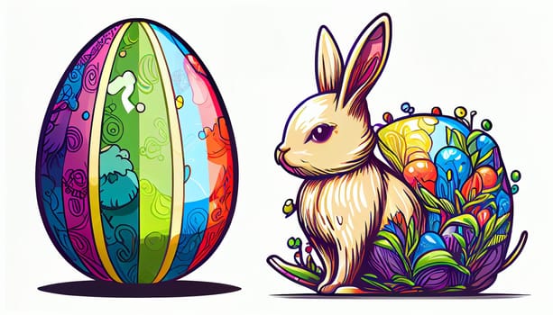 Easter Day Concept. Watercolor easter bunny in the eggs, elements illustrations, cartoon holiday painted background, AI Generative