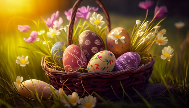 Happy Easter Day Concept. Easter eggs in basket on green grass garden and sunny spring, template banner for website, AI Generative