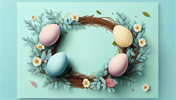 Happy Easter Day Concept. Top view easter eggs isolated on white background with copy space for text, template header for website, AI Generative