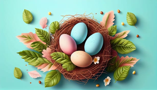 Happy Easter Day Concept. Top view easter eggs isolated on white background with copy space for text, template header for website, AI Generative