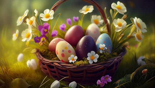 Happy Easter Day Concept. Easter eggs in basket on green grass garden and sunny spring, template banner for website, AI Generative