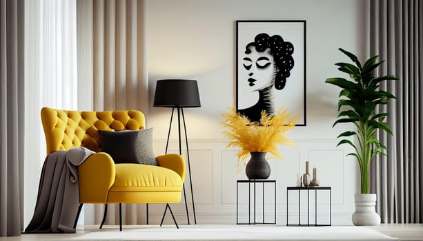 Modern interior design yellow armchair sofa in living room with and mock up poster frame in white wall at home, lifestyle living room design, empty nobody, 3D render by Generative AI