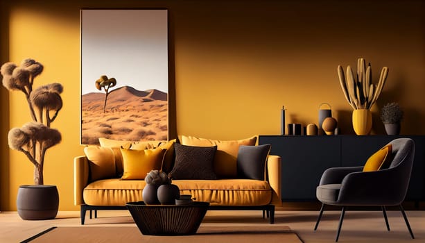 Modern interior design yellow armchair sofa in living room with and mock up poster frame in wall at home, lifestyle living room design, empty nobody, 3D render by Generative AI