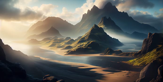 Beautiful landscape with high mountains and lagoon water with sunlight golden sunrise, nature, Generative AI