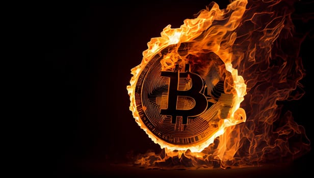 Burning in fire golden bitcoin on black background, Bitcoin coin in flames, burn cryptocurrency bit coin money, crash and blockchain bubble, Generative AI