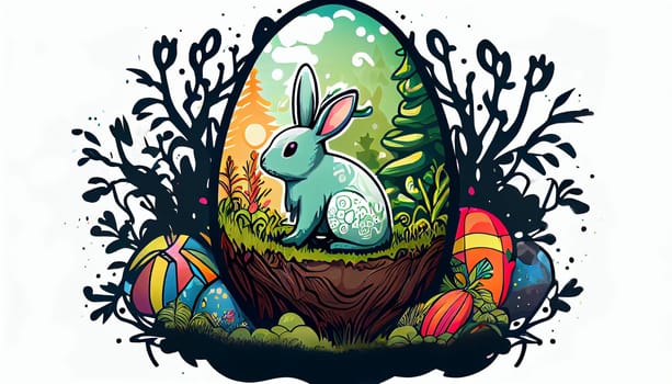 Easter Day Concept. Watercolor easter bunny in the eggs, elements illustrations, cartoon holiday painted background, AI Generative