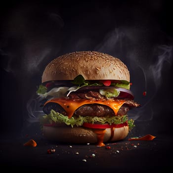 Closeup of home made tasty burger on black background, fastfood hamburger, Generative AI