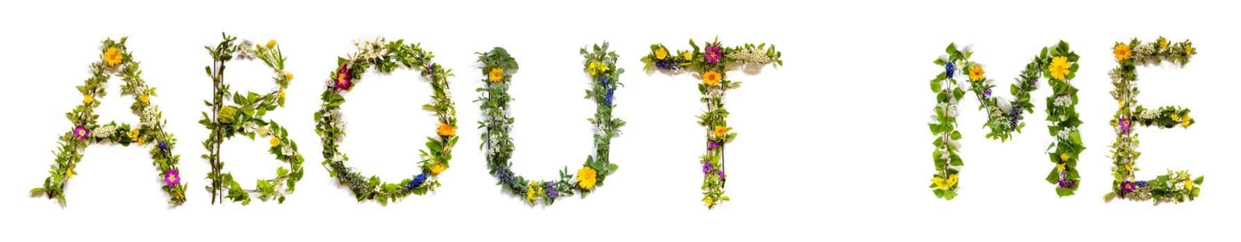Blooming Flower Letters Building English Word About Me. Colorful Spring and Summer Blossoms. White Isolated Background.